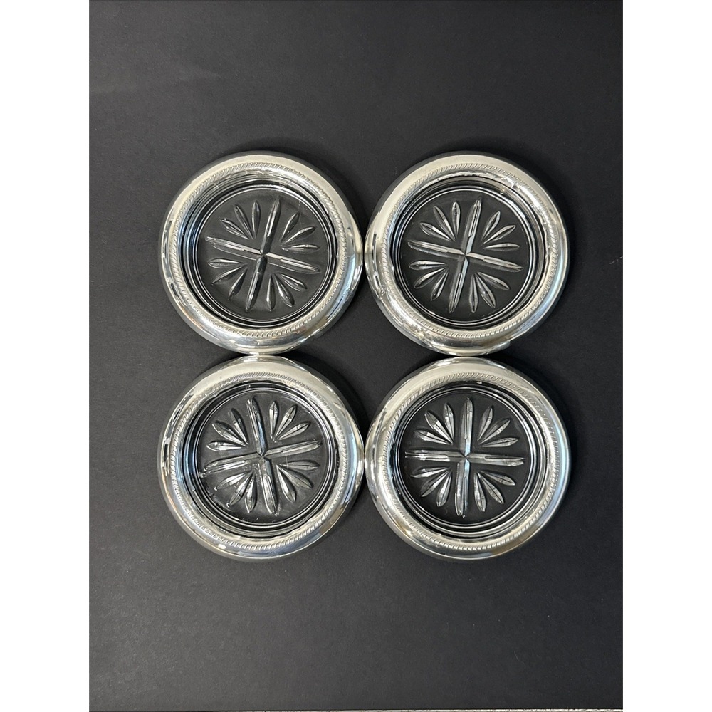 Vintage FB Rogers Co Sterling Silver 925 Starburst Glass Drink Coaster Set of 4